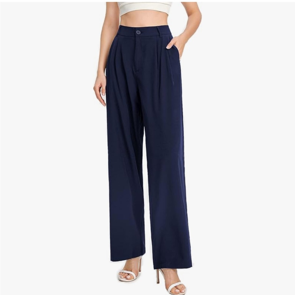 💓NAVY BLUE HIGH WAISTED WIDE LEG TROUSERS SIZE MEDIUM NWT💓